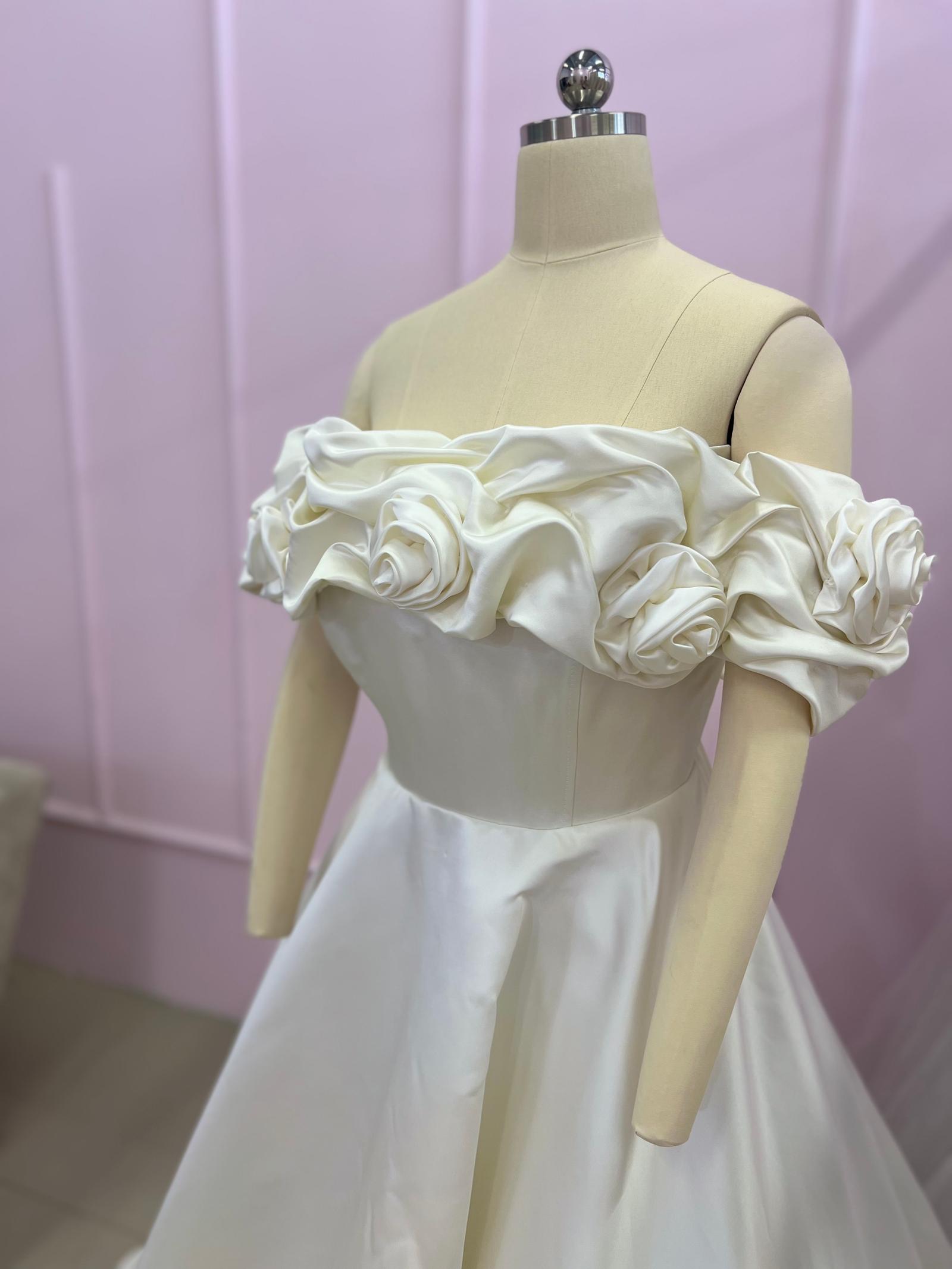White Satin Ballgown with 3D Rosettes