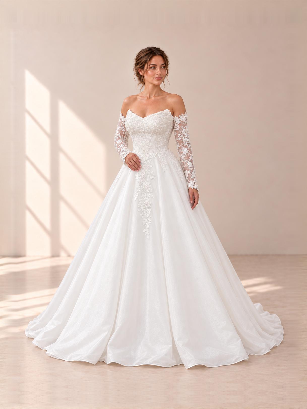 Floral Lace Wedding Gown with Long Sleeves