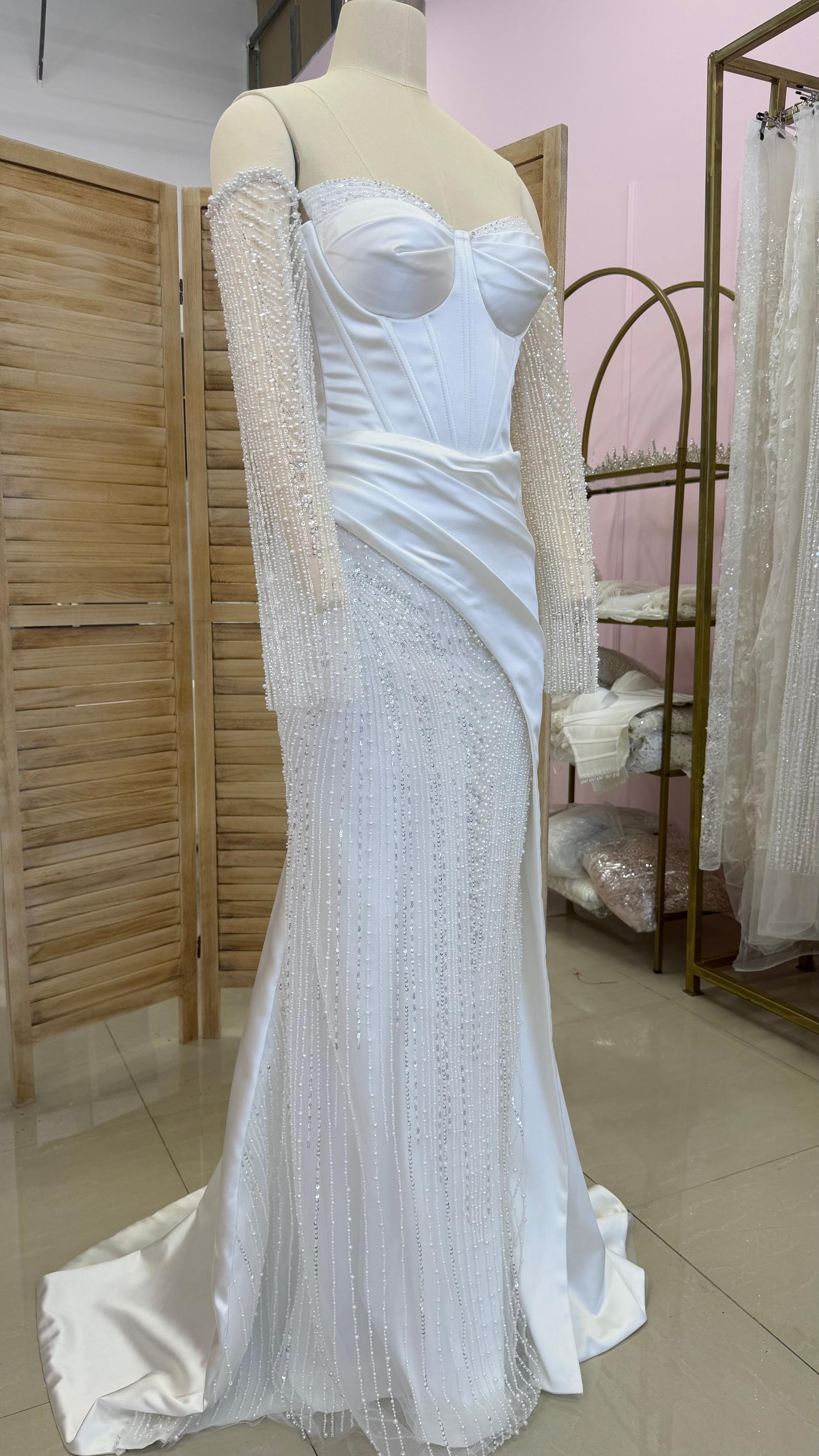 Satin Corset Bridal Gown with Beaded Sleeves