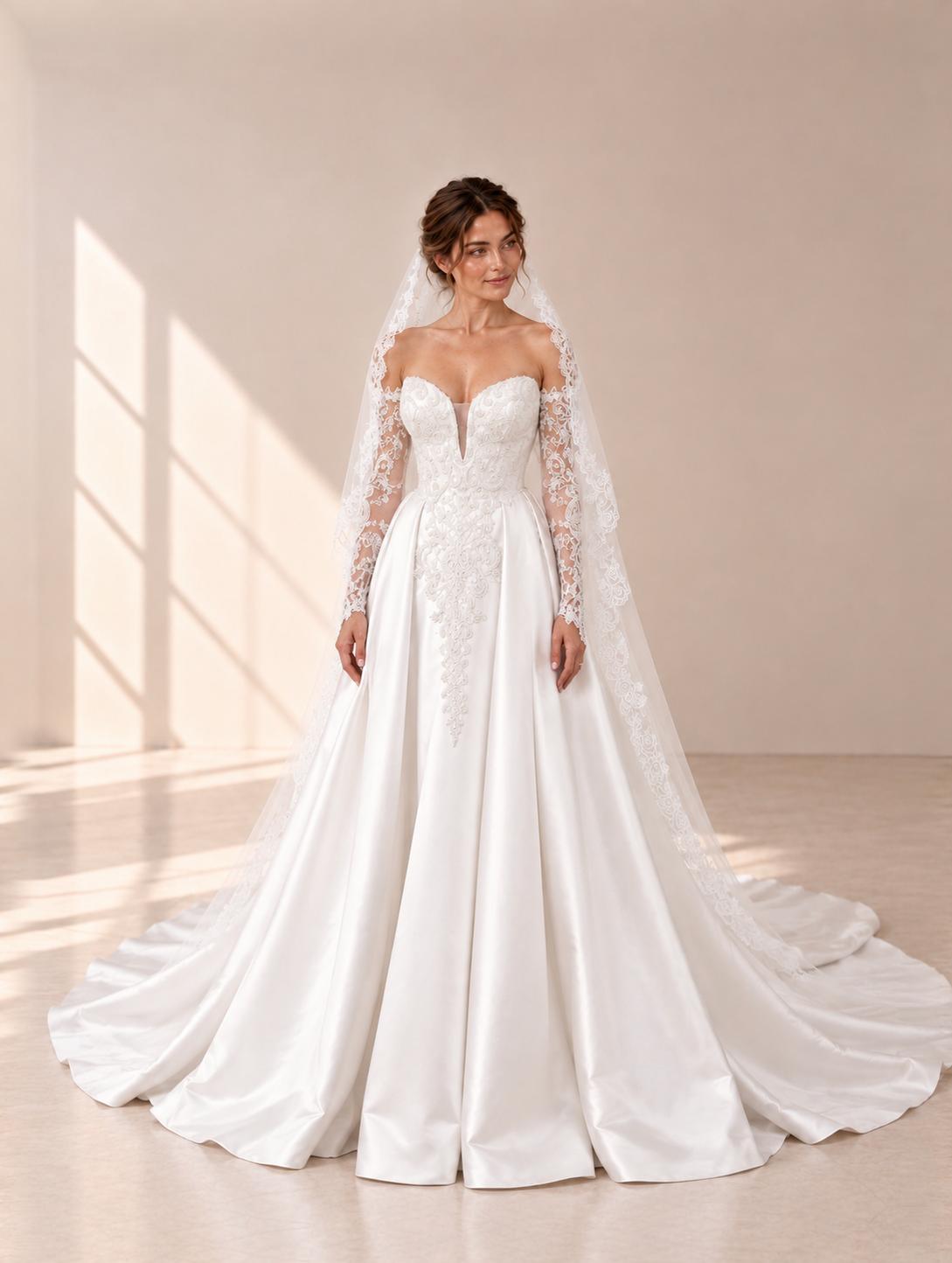 Satin Bridal Gown with Embroidered Lace Sleeves