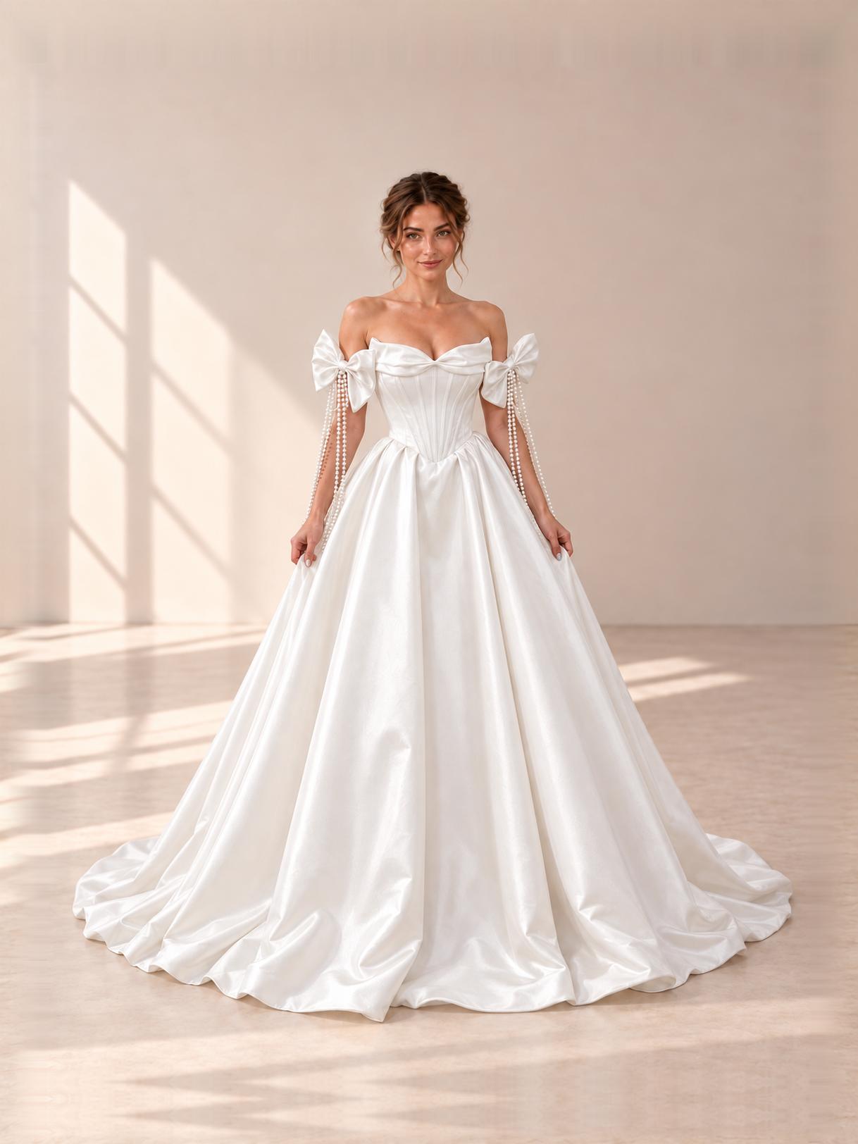 Satin Bow Bridal Gown with Pearl Details