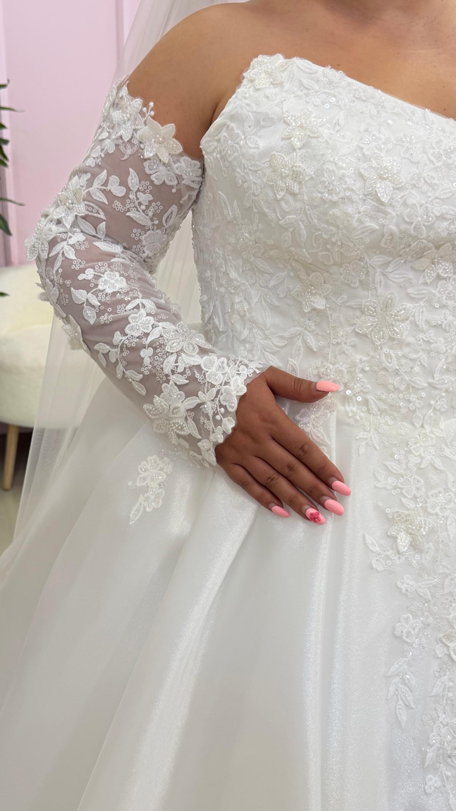 Floral Lace Wedding Gown with Long Sleeves