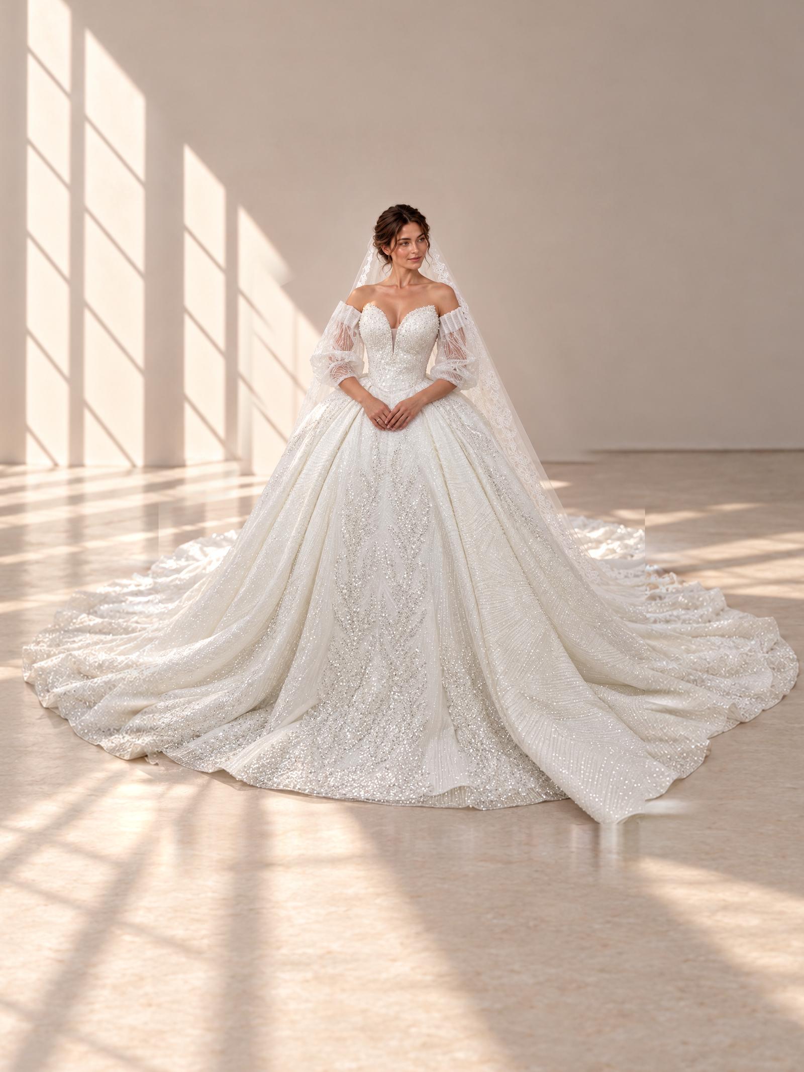 Beaded Plunge-Neck Bridal Ballgown