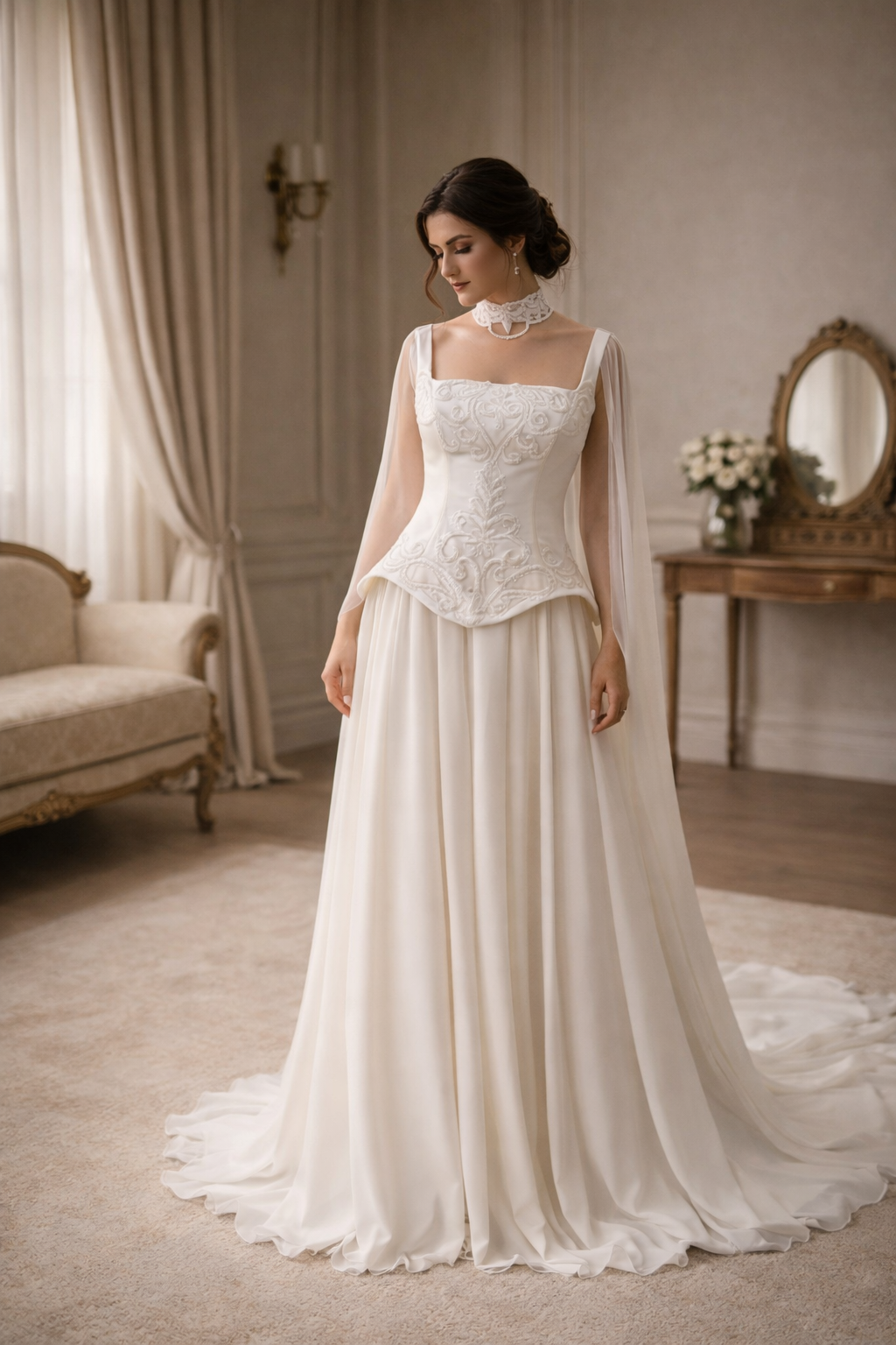 Ethereal Embroidered Corset Wedding Gown with Cape